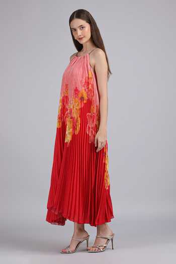 Buy_Mandira Wirk_Pink Halter Neck Crimson Pleated Dress _Online_at_Aza_Fashions