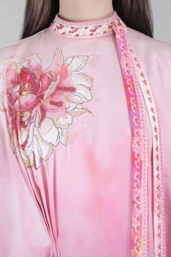 Mandira Wirk_Pink Satin High Neck Blush Ombre Draped Kaftan _Online_at_Aza_Fashions