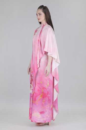 Buy_Mandira Wirk_Pink Satin High Neck Blush Ombre Draped Kaftan _Online_at_Aza_Fashions