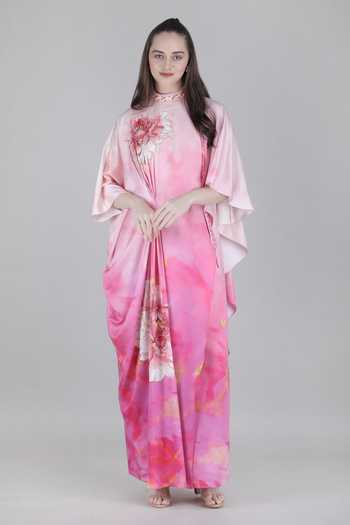Shop_Mandira Wirk_Pink Satin High Neck Blush Ombre Draped Kaftan _Online_at_Aza_Fashions