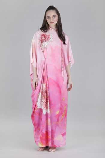Mandira Wirk_Pink Satin High Neck Blush Ombre Draped Kaftan _at_Aza_Fashions