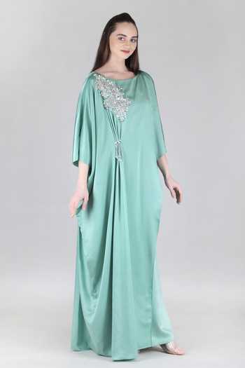 Mandira Wirk_Green Satin Boat Neck Jade Embellished Sumo Kaftan _Online_at_Aza_Fashions