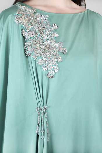 Shop_Mandira Wirk_Green Satin Boat Neck Jade Embellished Sumo Kaftan _Online_at_Aza_Fashions