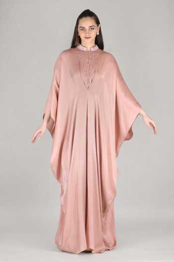 Mandira Wirk_Pink Satin Mandarin Collar Rose Kaftan _Online_at_Aza_Fashions