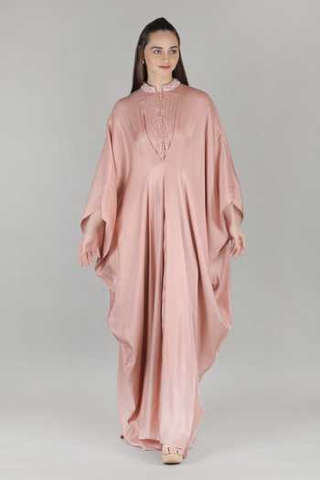 Buy_Mandira Wirk_Pink Satin Mandarin Collar Rose Kaftan _Online_at_Aza_Fashions