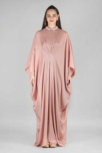 Shop_Mandira Wirk_Pink Satin Mandarin Collar Rose Kaftan _Online_at_Aza_Fashions
