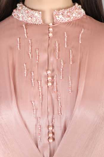 Mandira Wirk_Pink Satin Mandarin Collar Rose Kaftan _at_Aza_Fashions