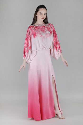 Mandira Wirk_Pink Satin Boat Neck Blush Ombre Top And Skirt Set _Online_at_Aza_Fashions