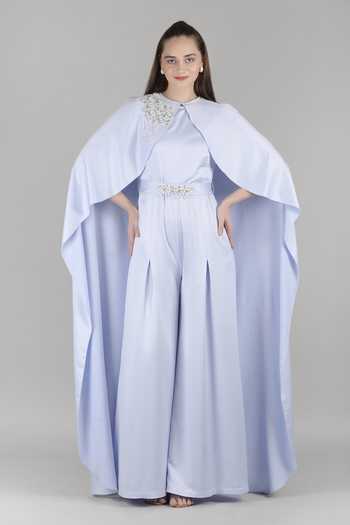 Buy_Mandira Wirk_Blue Powder Layered Jumpsuit With Belt _Online_at_Aza_Fashions
