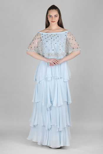 Mandira Wirk_Blue Chiffon, Viscose Off-shoulder Ice Layered Dress _Online_at_Aza_Fashions