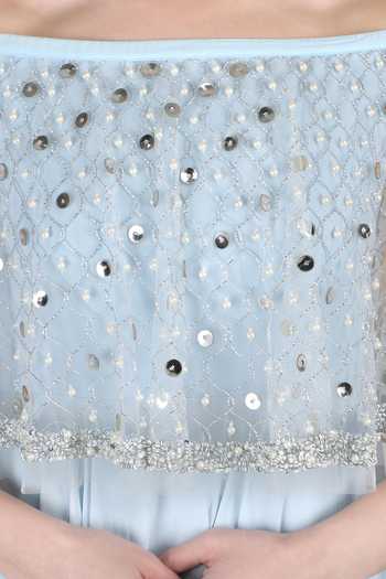 Buy_Mandira Wirk_Blue Chiffon, Viscose Off-shoulder Ice Layered Dress _Online_at_Aza_Fashions