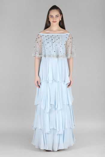 Shop_Mandira Wirk_Blue Chiffon, Viscose Off-shoulder Ice Layered Dress _Online_at_Aza_Fashions