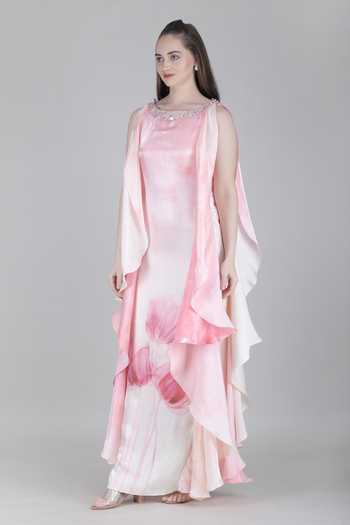 Mandira Wirk_Pink Satin Round Neck Tulip Layered Flow Dress _Online_at_Aza_Fashions