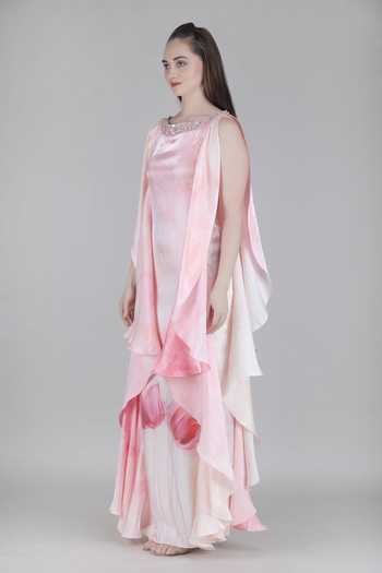 Buy_Mandira Wirk_Pink Satin Round Neck Tulip Layered Flow Dress _Online_at_Aza_Fashions