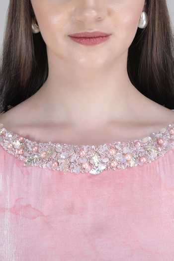 Shop_Mandira Wirk_Pink Satin Round Neck Tulip Layered Flow Dress _Online_at_Aza_Fashions