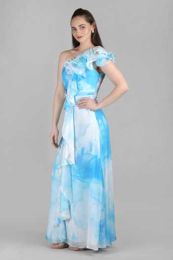 Buy_Mandira Wirk_Blue Viscose One Shoulder Aqua Ruffle Dress _Online_at_Aza_Fashions
