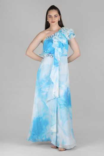 Shop_Mandira Wirk_Blue Viscose One Shoulder Aqua Ruffle Dress _Online_at_Aza_Fashions