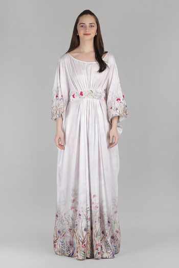 Mandira Wirk_Ivory Satin Boat Neck Palm Drift Kaftan _Online_at_Aza_Fashions