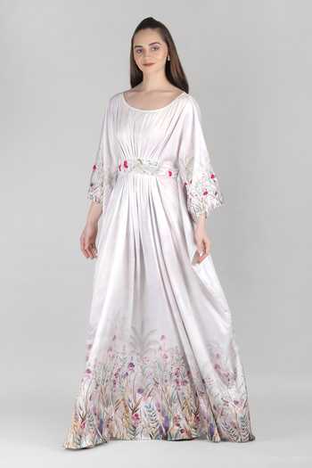 Buy_Mandira Wirk_Ivory Satin Boat Neck Palm Drift Kaftan _Online_at_Aza_Fashions