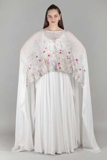Buy_Mandira Wirk_Ivory Chiffon, Viscose Boat Neck Palm Sheer Cape And Gown _Online_at_Aza_Fashions
