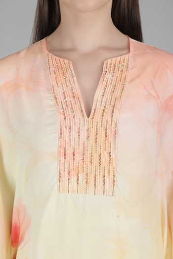Mandira Wirk_Yellow Crepe, Viscose Split V-neck, Yes Peach Tulip Printed Kurta And Palazzo Set _Online_at_Aza_Fashions