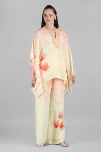 Shop_Mandira Wirk_Yellow Crepe, Viscose Split V-neck, Yes Peach Tulip Printed Kurta And Palazzo Set _Online_at_Aza_Fashions