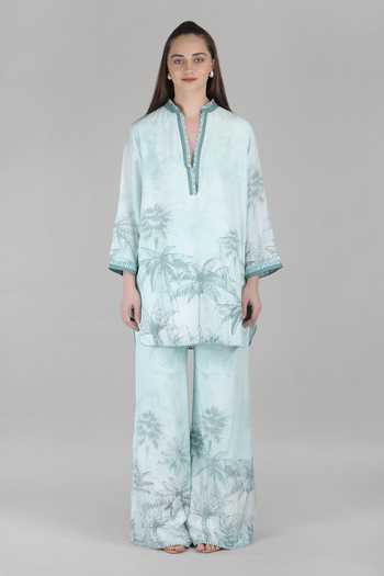 Mandira Wirk_Turquoise Viscose Mandarin Collar, Split V-neck Tropical Palm Muse Coord Set _Online_at_Aza_Fashions