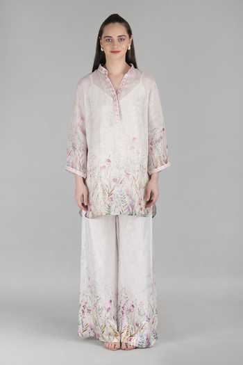Mandira Wirk_Ivory Cotton, Linen, Lurex Mandarin Collar Palm Printed Top And Palazzo Set _Online_at_Aza_Fashions