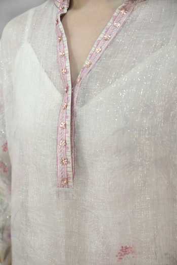 Buy_Mandira Wirk_Ivory Cotton, Linen, Lurex Mandarin Collar Palm Printed Top And Palazzo Set _Online_at_Aza_Fashions