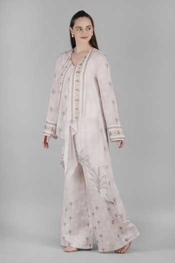 Buy_Mandira Wirk_Ivory Cotton, Linen, Chiffon, Viscose V-neck Plam Reverse Kurta Set _Online_at_Aza_Fashions