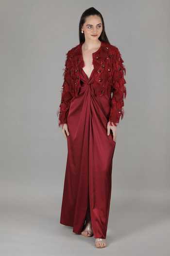 Mandira Wirk_Red Satin Plunge , Open Knot Dress And Jacket Set _Online_at_Aza_Fashions