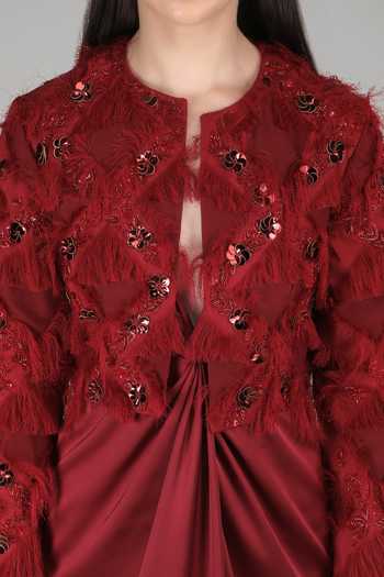 Buy_Mandira Wirk_Red Satin Plunge , Open Knot Dress And Jacket Set _Online_at_Aza_Fashions