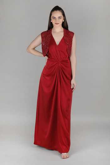 Mandira Wirk_Red Satin V-, Open Draped Dress With Jacket _Online_at_Aza_Fashions