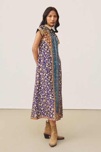 Ritu Kumar_Blue Silk Collared Floral Garden Print Dress _Online_at_Aza_Fashions