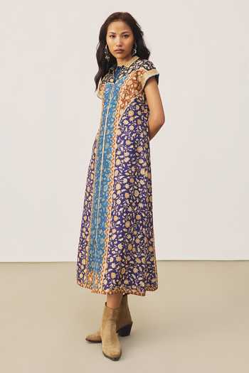 Buy_Ritu Kumar_Blue Silk Collared Floral Garden Print Dress _Online_at_Aza_Fashions