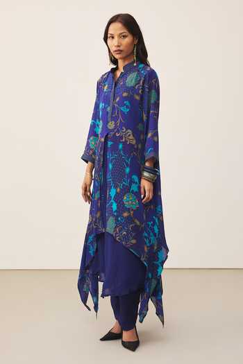 Buy_Ritu Kumar_Blue Viscose, Crepe, Rayon Mandarin Collar, Yes Calico Printed Kurta And Pant Set _Online_at_Aza_Fashions