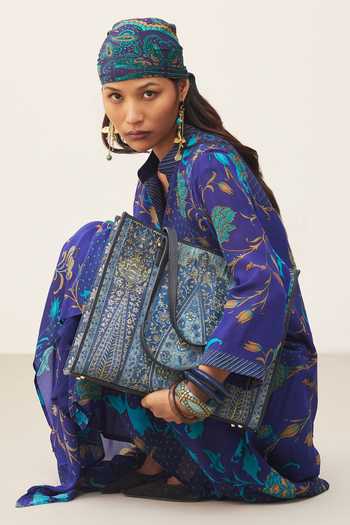 Shop_Ritu Kumar_Blue Viscose, Crepe, Rayon Mandarin Collar, Yes Calico Printed Kurta And Pant Set 