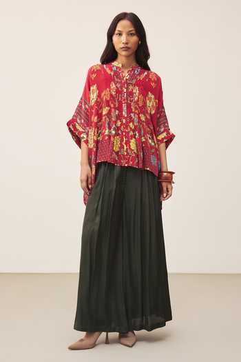 Ritu Kumar_Red Viscose Calico Printed Kurta _at_Aza_Fashions
