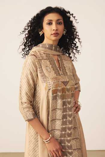 Shop_Ritu Kumar_Beige Silk, Rayon, Crepe, Viscose Split V-neck, Mashrudhari Printed Kurta Set _Online_at_Aza_Fashions