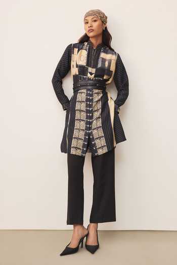 Buy_Ritu Kumar_Black Viscose Mandarin Collar Mashrudhari Printed Kurta _Online_at_Aza_Fashions