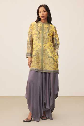 Shop Ritu Kumar Yellow Mandarin Collar Myra Floral Print Kurta Online at Aza Fashions Shop_Ritu Kumar_Yellow Mandarin Collar Myra Floral Print Kurta _Online_at_Aza_Fashions