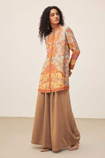 Ritu Kumar_Multi Color Mandarin Collar, Yes Khaki Myra Print Kurta _Online_at_Aza_Fashions