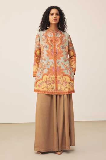 Buy_Ritu Kumar_Multi Color Mandarin Collar, Yes Khaki Myra Print Kurta _Online_at_Aza_Fashions