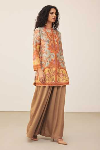Shop_Ritu Kumar_Multi Color Mandarin Collar, Yes Khaki Myra Print Kurta _Online_at_Aza_Fashions