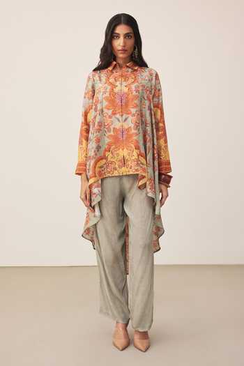 Ritu Kumar_Multi Color Viscose, Rayon Collared Khaki Myra Print Kurta With Pant _Online_at_Aza_Fashions