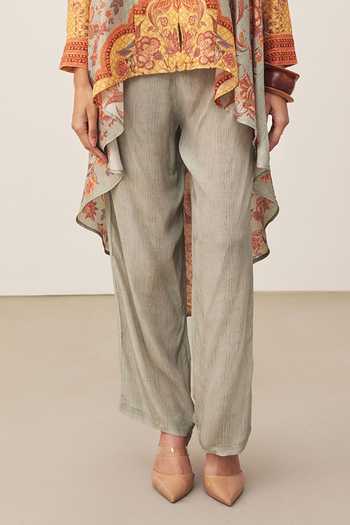 Buy_Ritu Kumar_Multi Color Viscose, Rayon Collared Khaki Myra Print Kurta With Pant _Online_at_Aza_Fashions