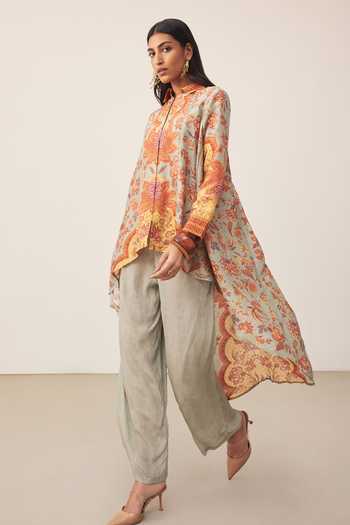 Shop_Ritu Kumar_Multi Color Viscose, Rayon Collared Khaki Myra Print Kurta With Pant _Online_at_Aza_Fashions