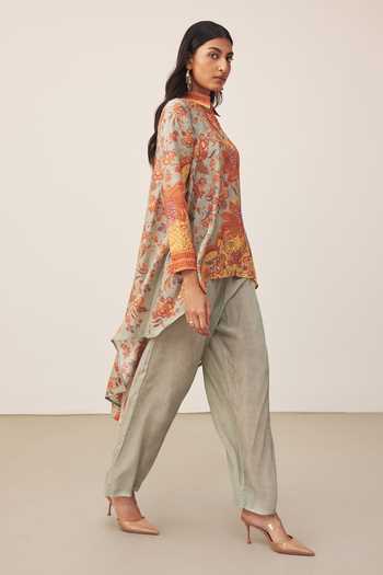 Ritu Kumar_Multi Color Viscose, Rayon Collared Khaki Myra Print Kurta With Pant _at_Aza_Fashions