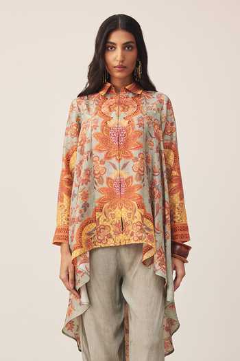 Buy_Ritu Kumar_Multi Color Viscose, Rayon Collared Khaki Myra Print Kurta With Pant 
