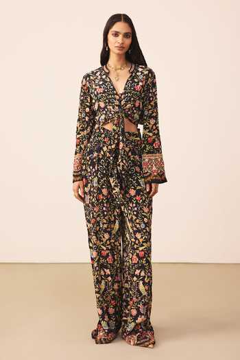 Buy Ritu Kumar Black Viscose, Crepe, Rayon V-neck Printed Top With Pant Online at Aza Fashions Buy_Ritu Kumar_Black Viscose, Crepe, Rayon V-neck Printed Top With Pant _Online_at_Aza_Fashions